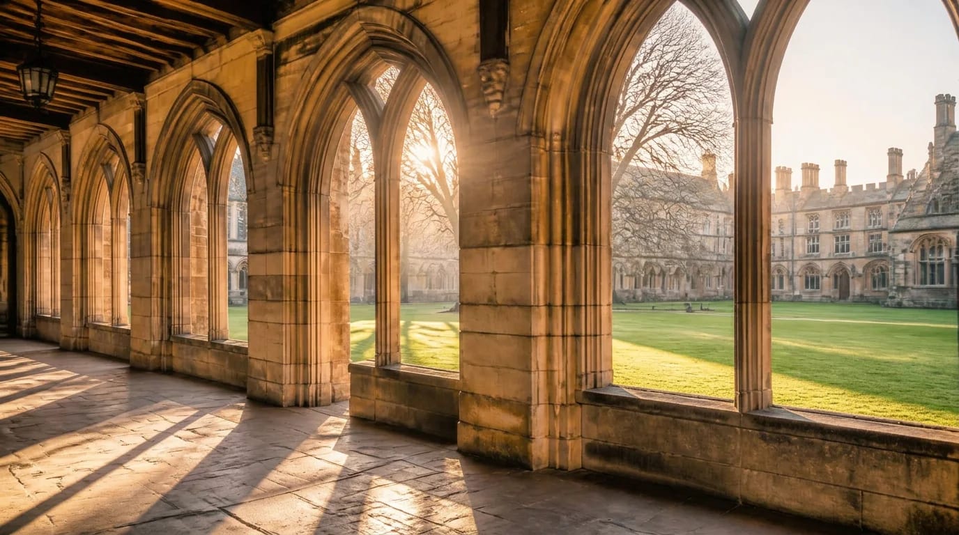 Morning light through the arches of a historic college cloister