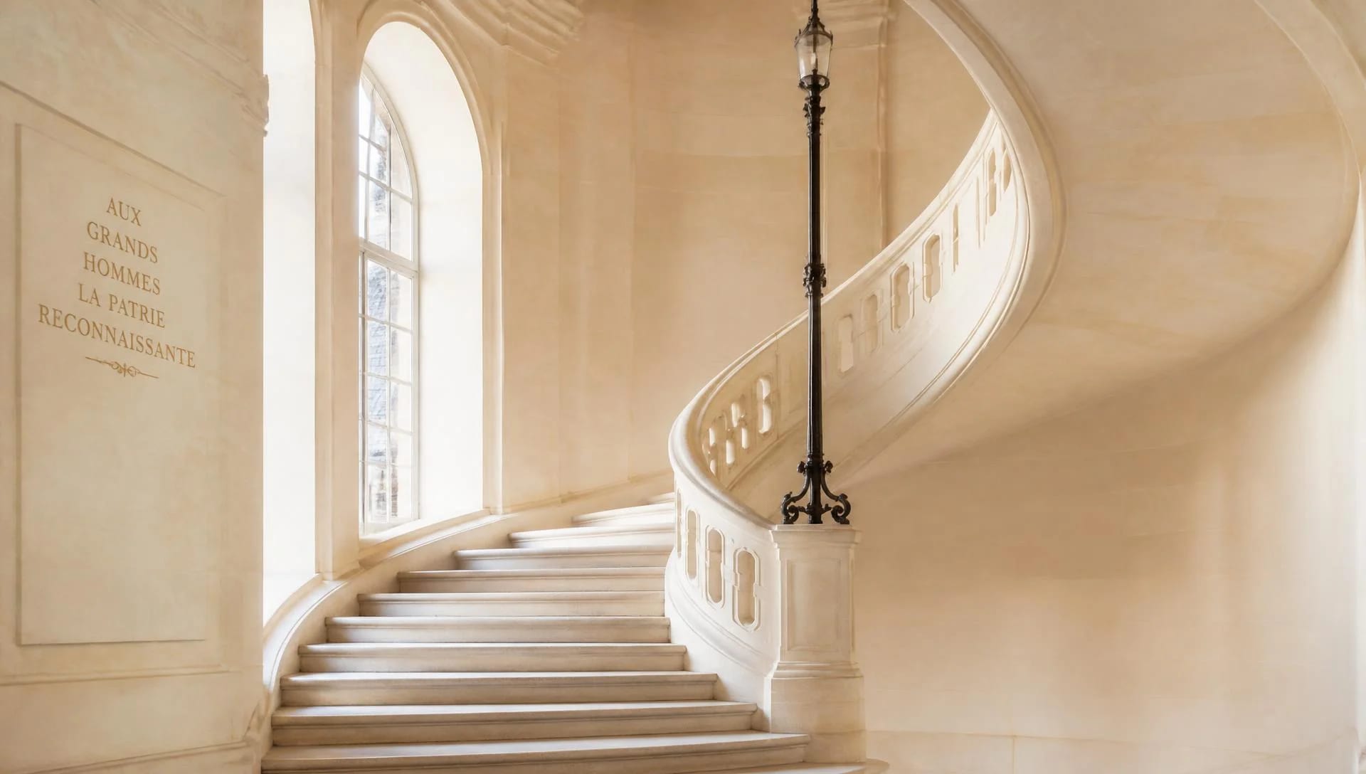 A sweeping stone staircase beside tall arched windows