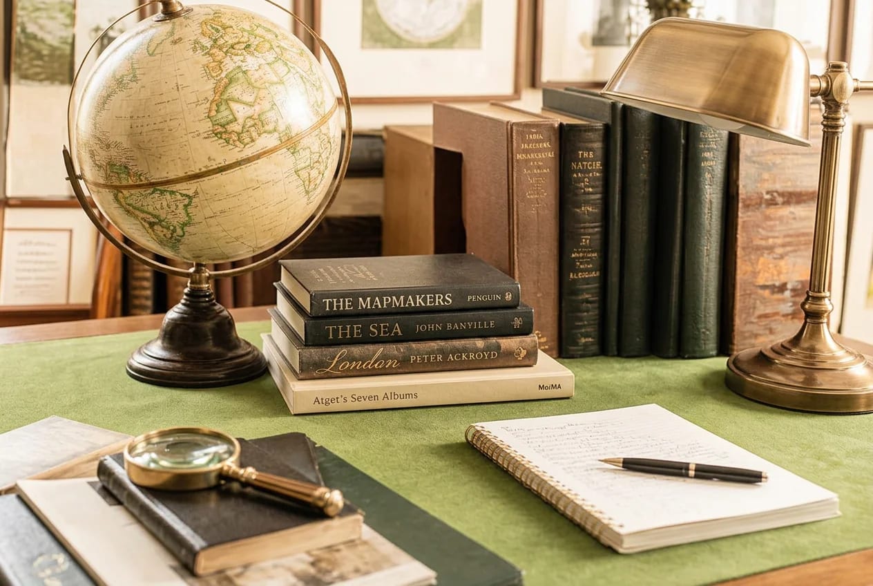 Books, a globe and an open notebook on a study desk